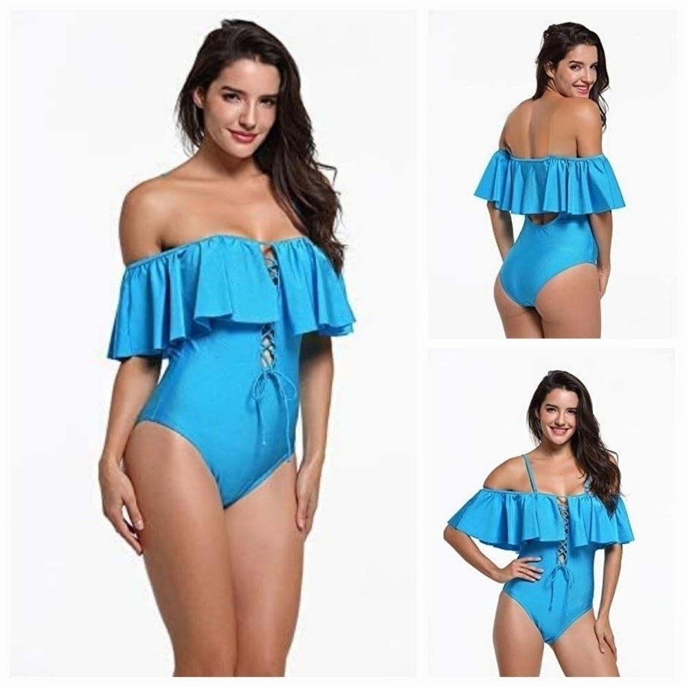 NWT Tempt Me Island Goddess Off Shoulder Blue Ruffle One Piece Swimsuit